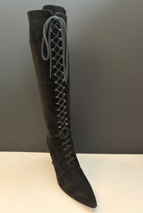 chanel cc logo black suede lace up knee high boots victorian high heels 1990s
