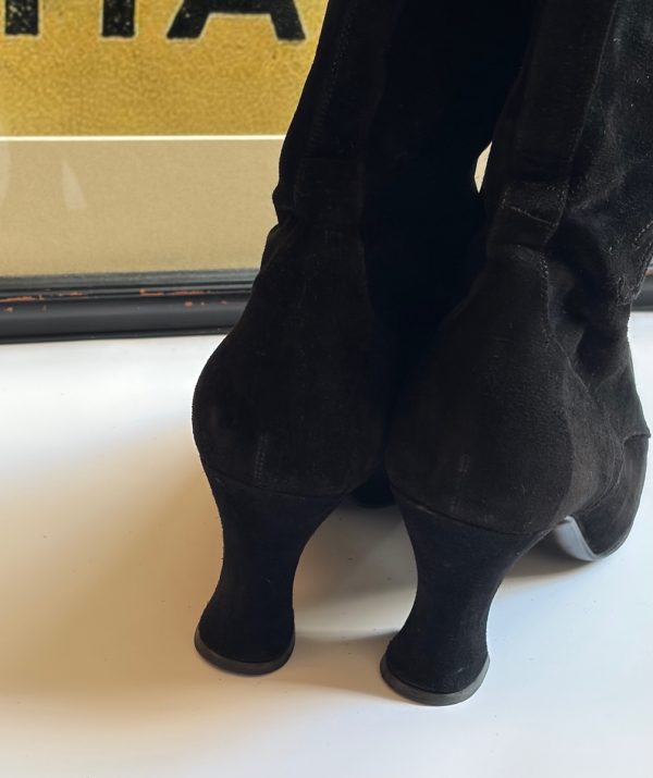chanel cc logo black suede lace up knee high boots victorian high heels 1990s