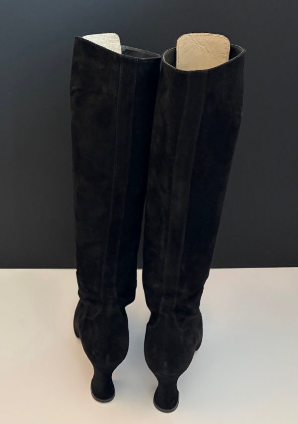 chanel cc logo black suede lace up knee high boots victorian high heels 1990s