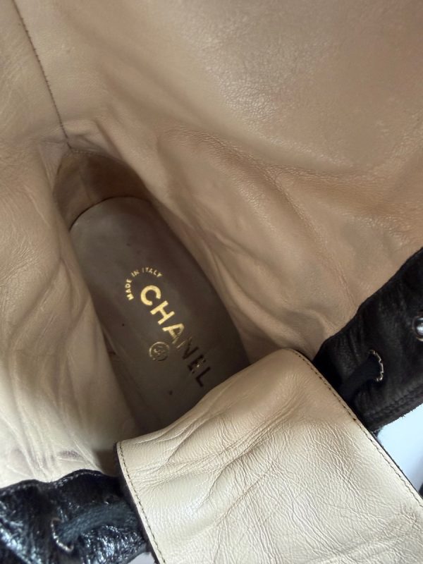 chanel cc logo black suede lace up knee high boots victorian high heels 1990s