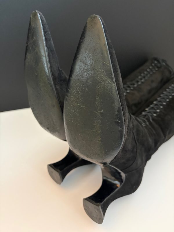 chanel cc logo black suede lace up knee high boots victorian high heels 1990s