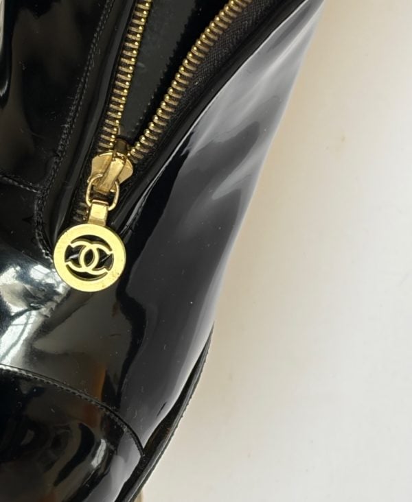 chanel vintage catwalk cc logo black patent high ankle fur boots square heels c.1990s