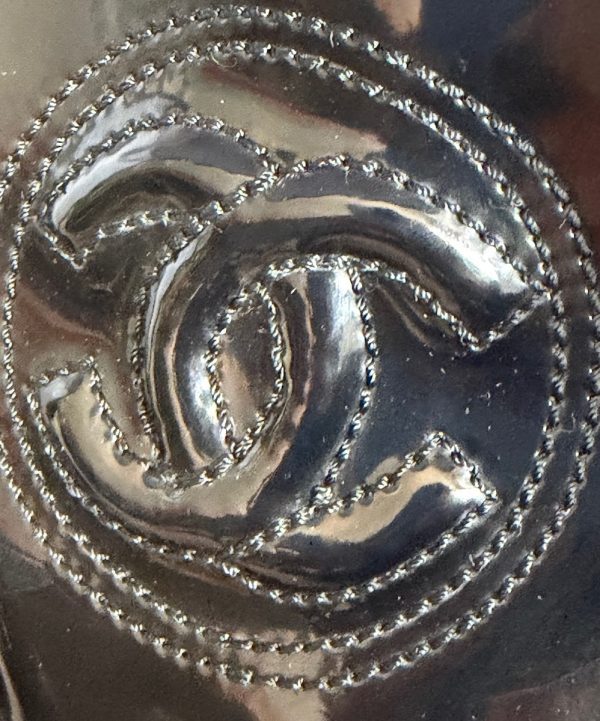 chanel vintage catwalk cc logo black patent high ankle fur boots square heels c.1990s