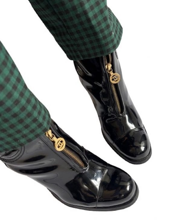 chanel vintage catwalk cc logo black patent high ankle fur boots square heels c.1990s