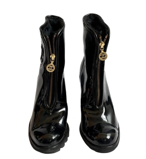 chanel vintage catwalk cc logo black patent high ankle fur boots square heels c.1990s