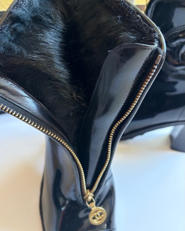 chanel vintage catwalk cc logo black patent high ankle fur boots square heels c.1990s