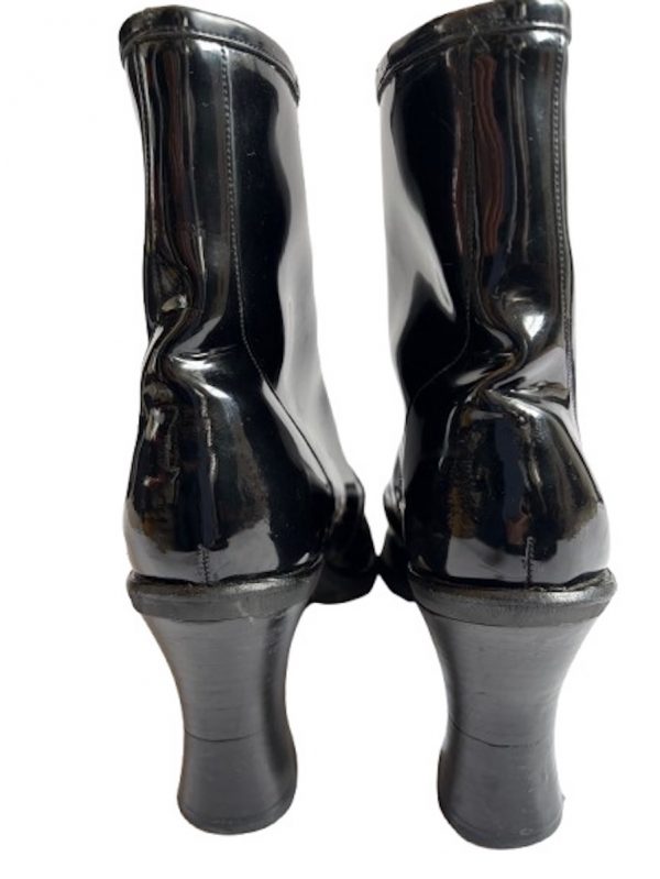 chanel vintage catwalk cc logo black patent high ankle fur boots square heels c.1990s