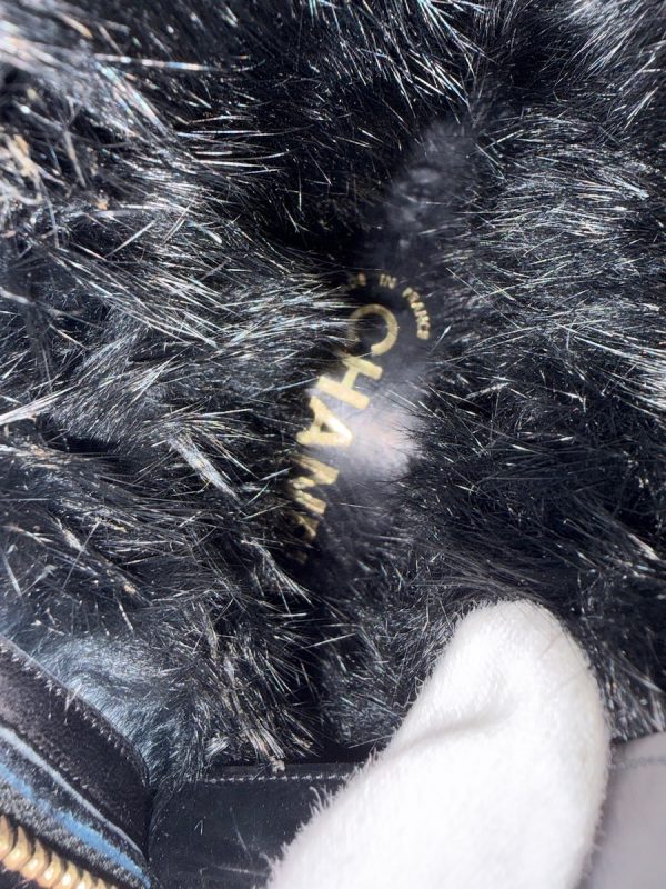 chanel vintage catwalk cc logo black patent high ankle fur boots square heels c.1990s