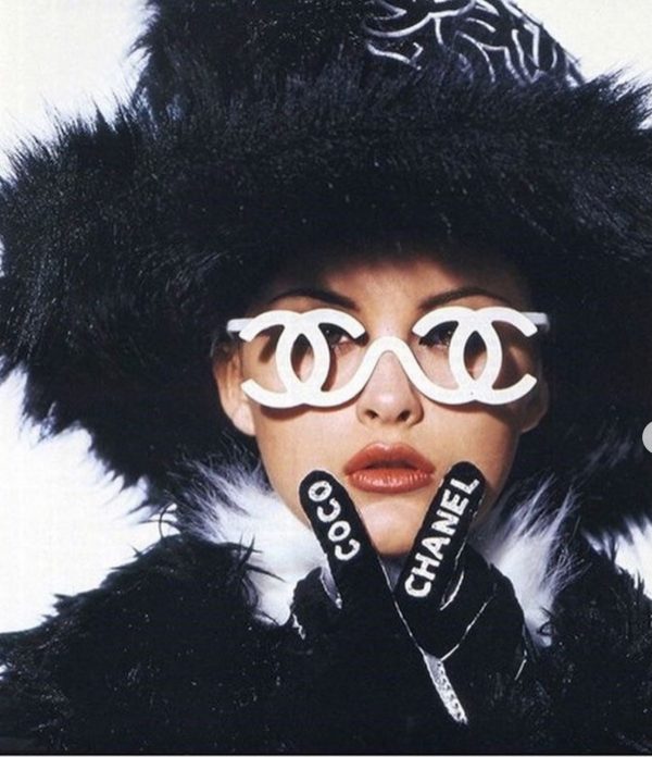 chanel vintage coco chanel logo black silver archival gloves c.1990s