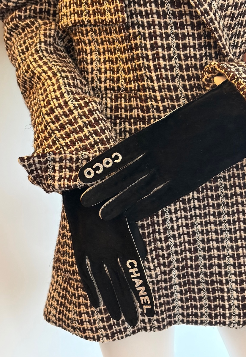 chanel vintage coco chanel logo black silver archival gloves c.1990s