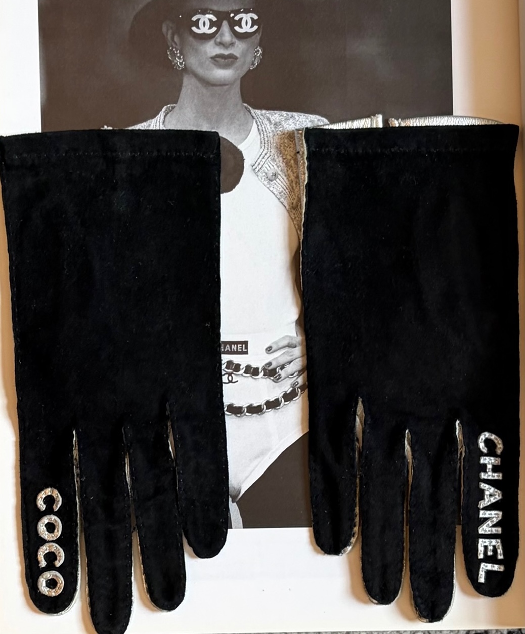 chanel vintage coco chanel logo black silver archival gloves c.1990s