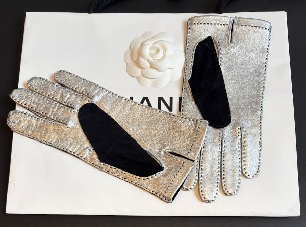 chanel vintage coco chanel logo black silver archival gloves c.1990s
