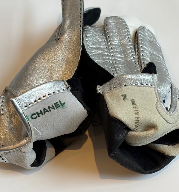 chanel vintage coco chanel logo black silver archival gloves c.1990s