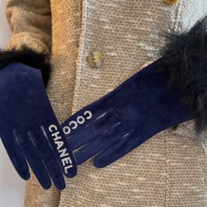 chanel vintage coco chanel logo blue silver fur archival gloves c.1990s