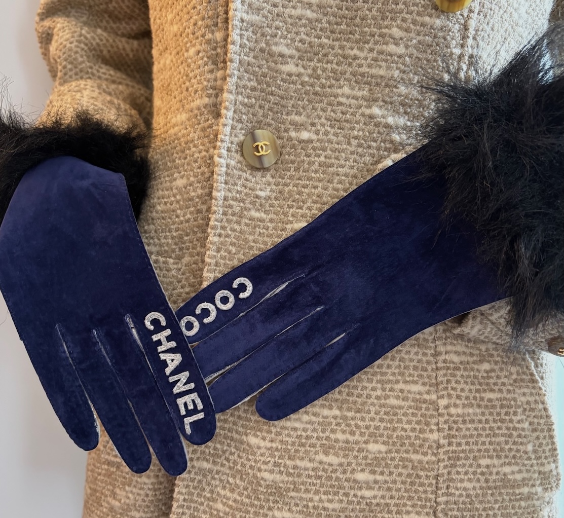 chanel vintage coco chanel logo blue silver fur archival gloves c.1990s