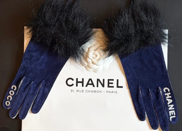 chanel vintage coco chanel logo blue silver fur archival gloves c.1990s