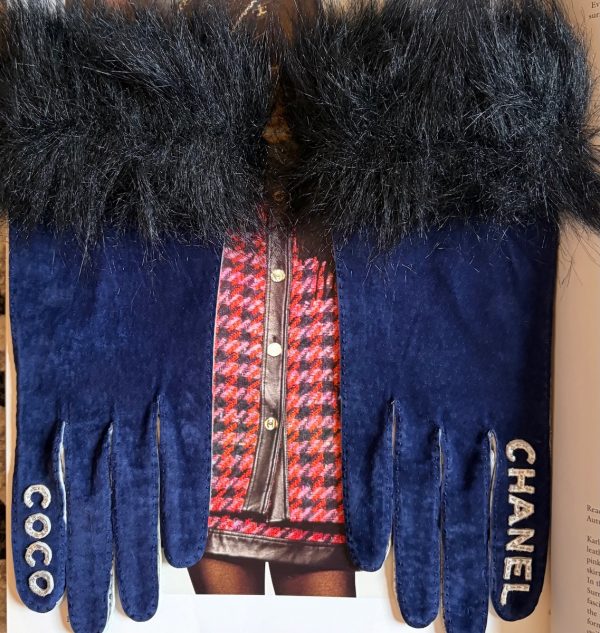 chanel vintage coco chanel logo blue silver fur archival gloves c.1990s