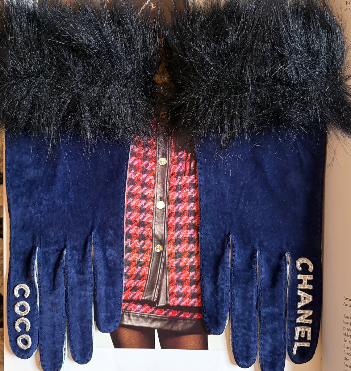 chanel vintage coco chanel logo blue silver fur archival gloves c.1990s