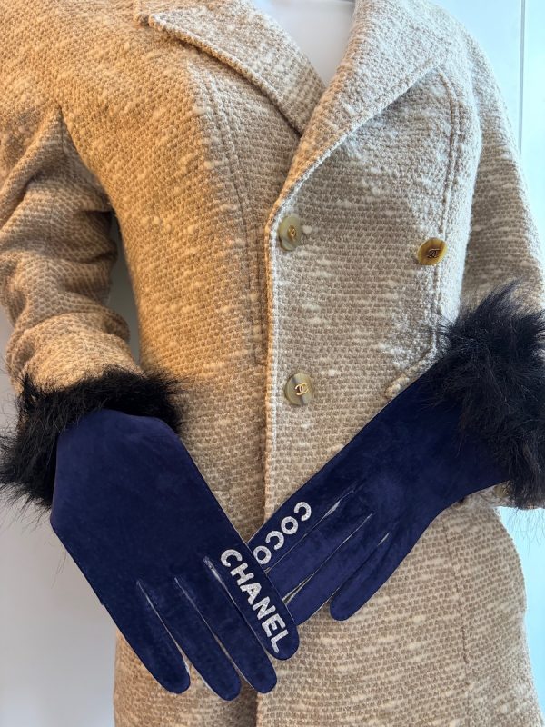 chanel vintage coco chanel logo blue silver fur archival gloves c.1990s