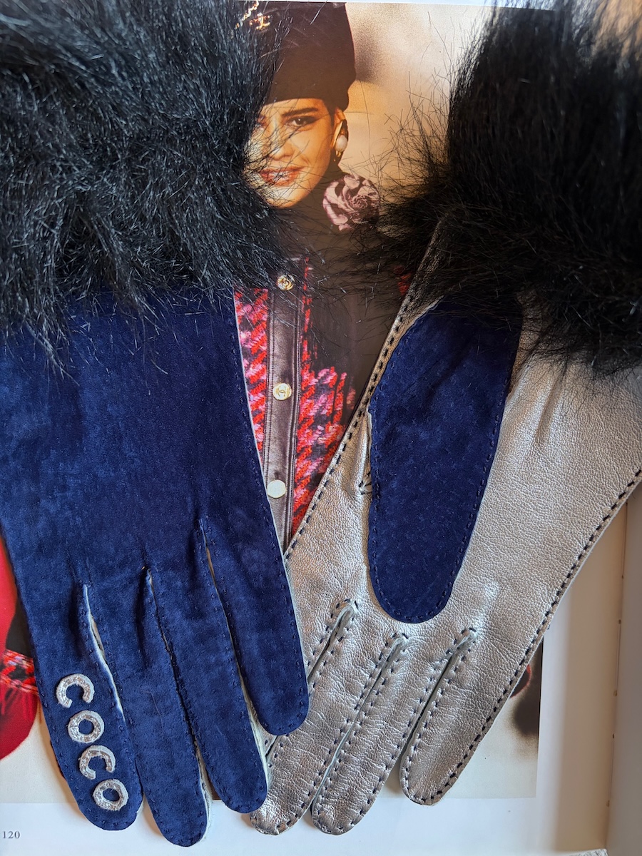 chanel vintage coco chanel logo blue silver fur archival gloves c.1990s