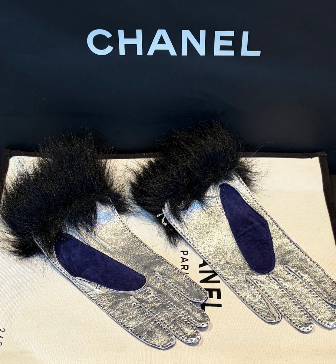 chanel vintage coco chanel logo blue silver fur archival gloves c.1990s
