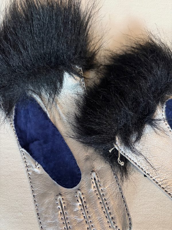 chanel vintage coco chanel logo blue silver fur archival gloves c.1990s