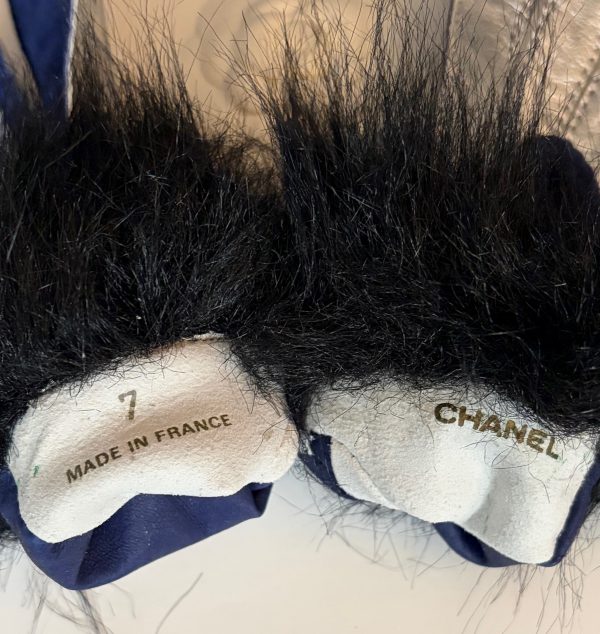 chanel vintage coco chanel logo blue silver fur archival gloves c.1990s