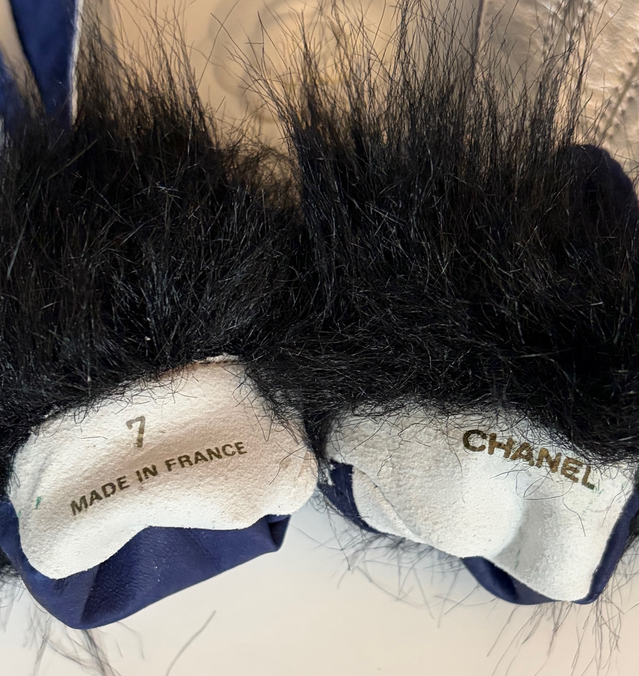 chanel vintage coco chanel logo blue silver fur archival gloves c.1990s