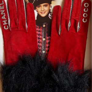 chanel vintage coco chanel logo red silver fur archival gloves c.1990s