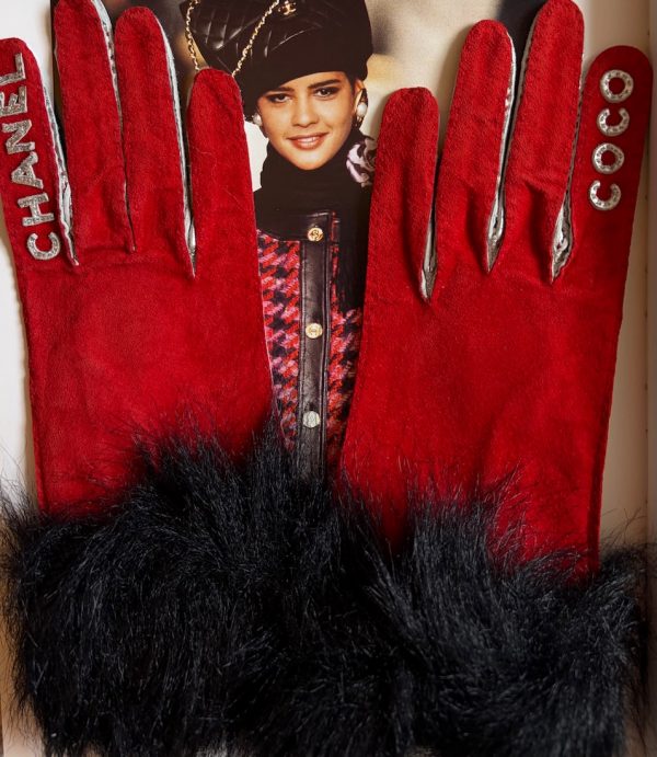 chanel vintage coco chanel logo red silver fur archival gloves c.1990s