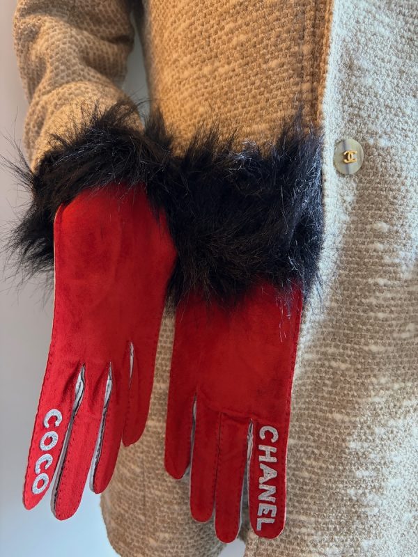 chanel vintage coco chanel logo red silver fur archival gloves c.1990s