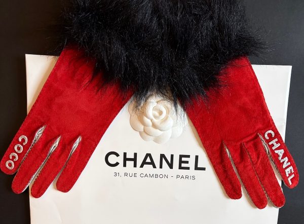 chanel vintage coco chanel logo red silver fur archival gloves c.1990s