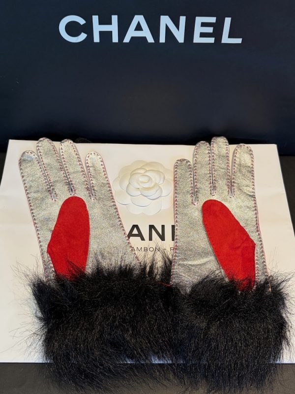 chanel vintage coco chanel logo red silver fur archival gloves c.1990s