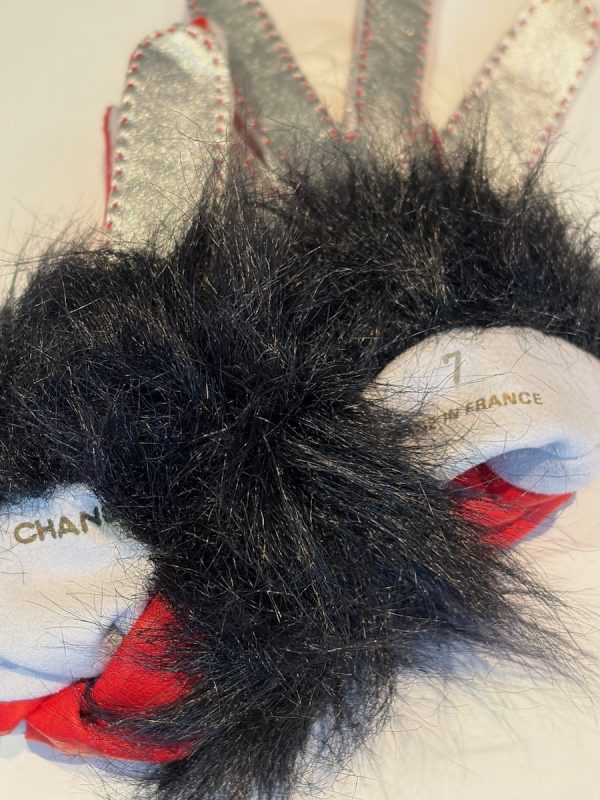 chanel vintage coco chanel logo red silver fur archival gloves c.1990s