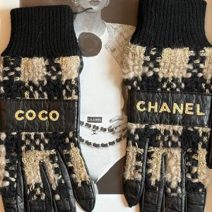 chanel vintage coco & chanel tweed leather archive gloves c.1990s