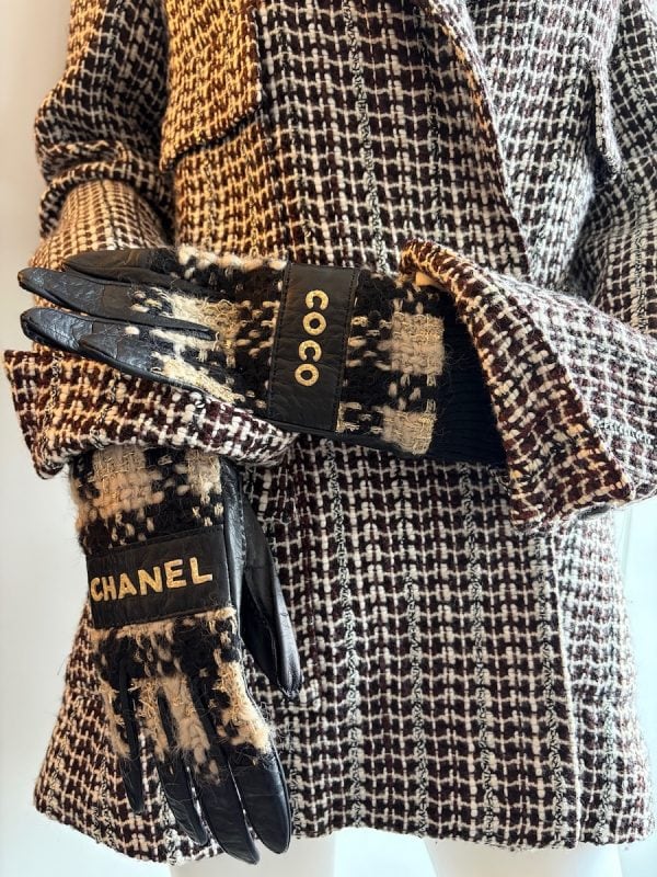 chanel vintage coco & chanel tweed leather archive gloves c.1990s