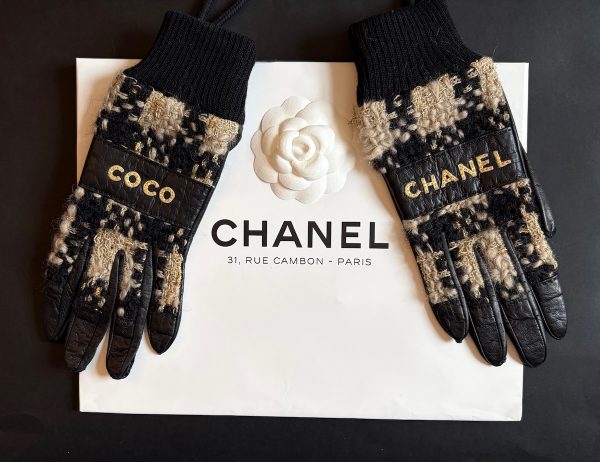 chanel vintage coco & chanel tweed leather archive gloves c.1990s