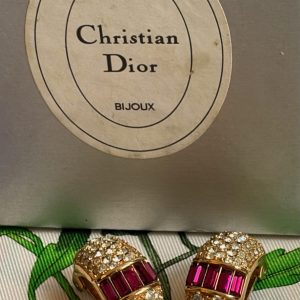 christian dior vintage gripoix ruby red diamante baguette & crystals earrings c.1980s