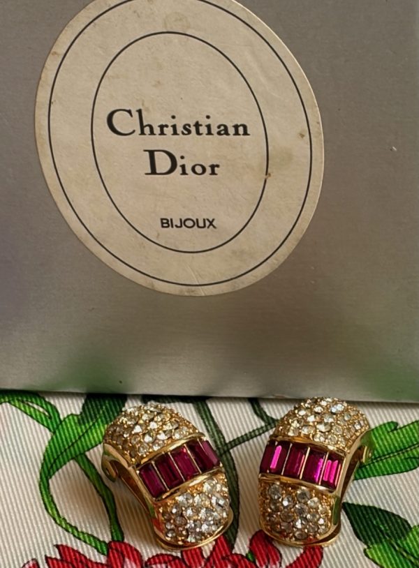 christian dior vintage gripoix ruby red diamante baguette & crystals earrings c.1980s