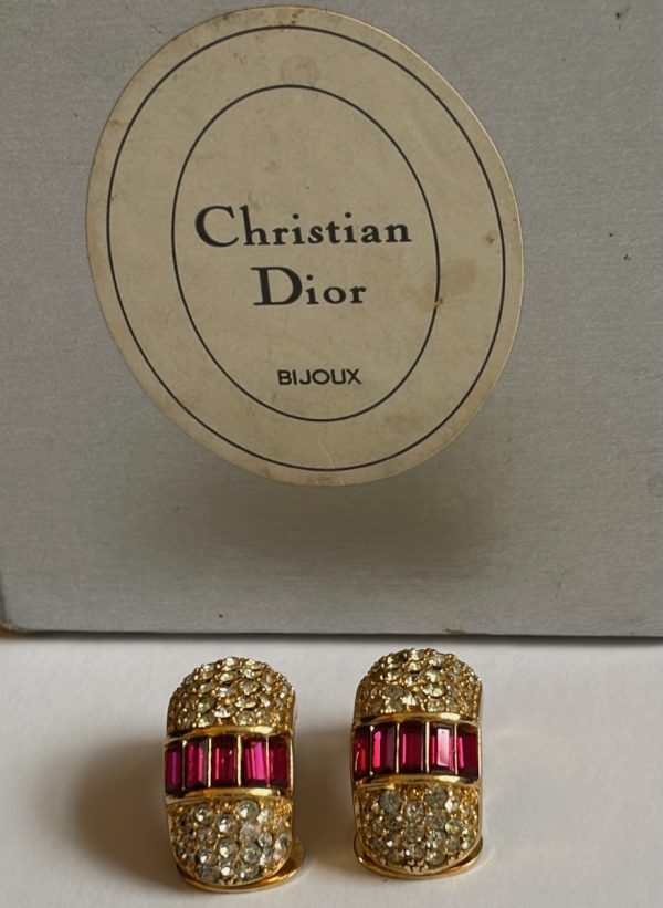 christian dior vintage gripoix ruby red diamante baguette & crystals earrings c.1980s