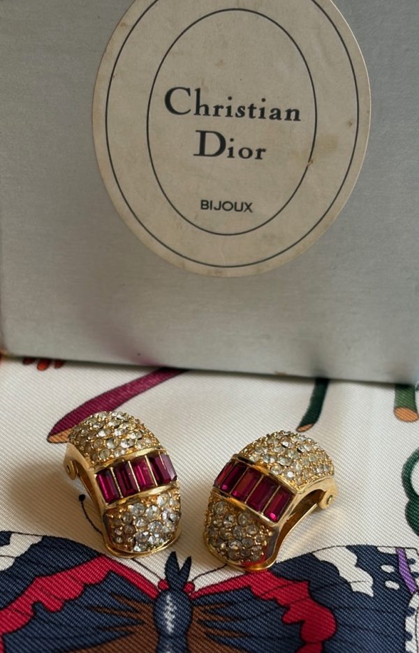 christian dior vintage gripoix ruby red diamante baguette & crystals earrings c.1980s