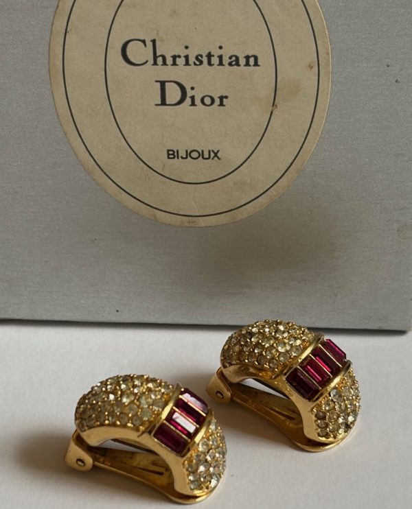 christian dior vintage gripoix ruby red diamante baguette & crystals earrings c.1980s