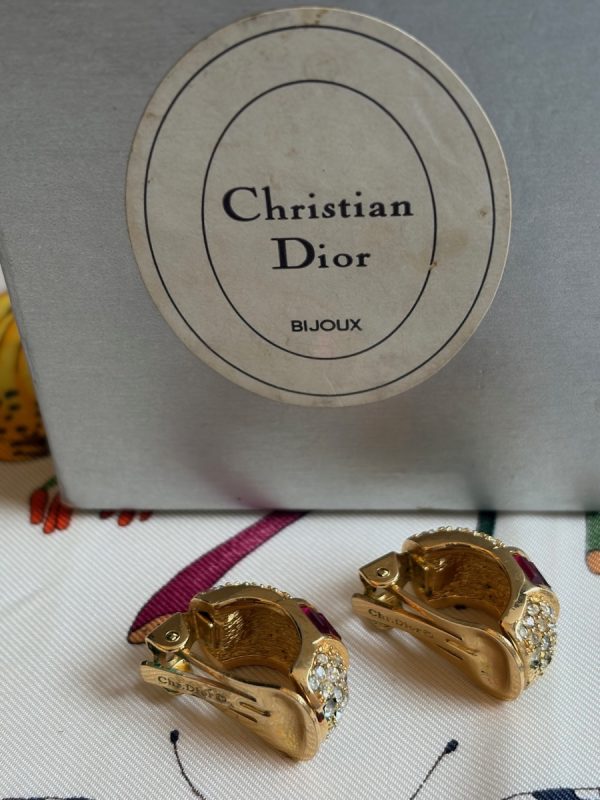 christian dior vintage gripoix ruby red diamante baguette & crystals earrings c.1980s
