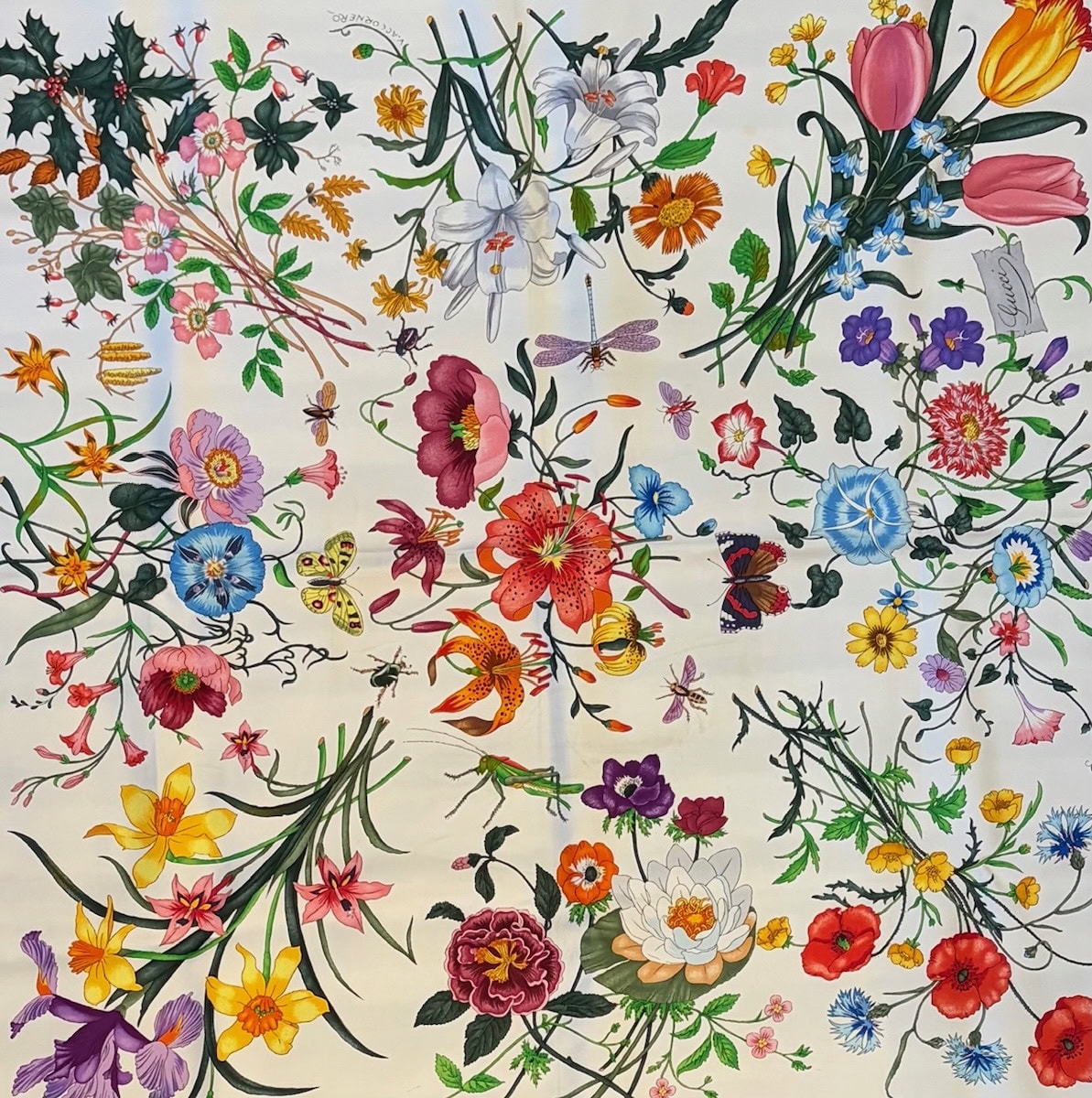 gucci vintage flora silk scarf by vittorio accornero c.1990s w/box