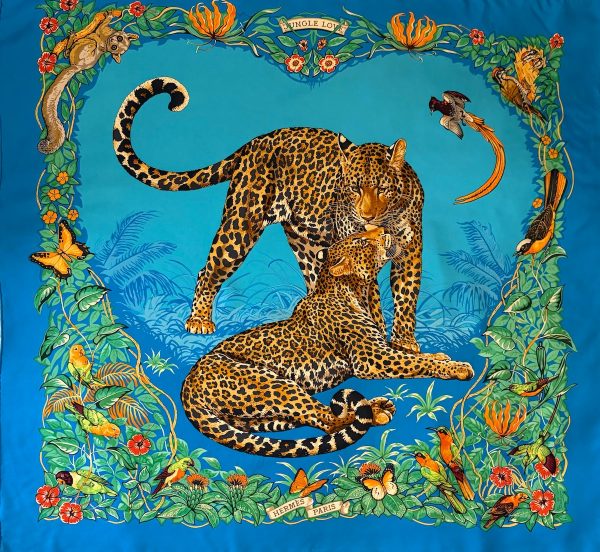 hermÈs silk scarf jungle love blue gold by robert dallet 2000 w/box