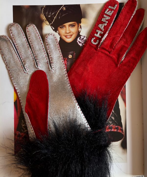 chanel vintage coco chanel logo red silver fur archival gloves c.1990s