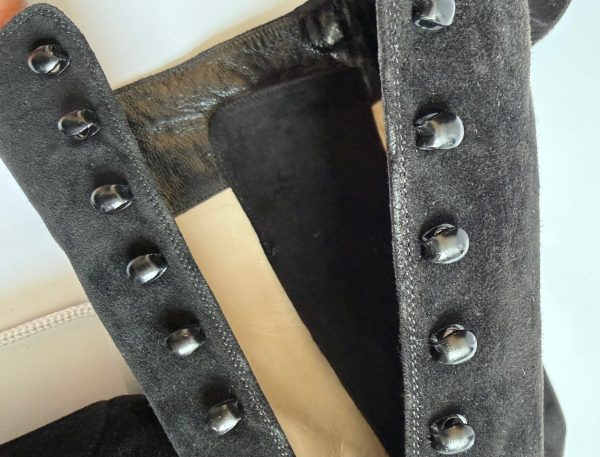 chanel cc logo black suede lace up knee high boots victorian high heels 1990s