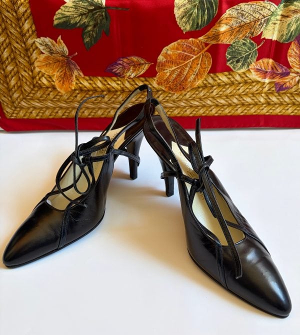 pierre balmain by harel haute couture black slingback heels lace kidskin shoes 1990