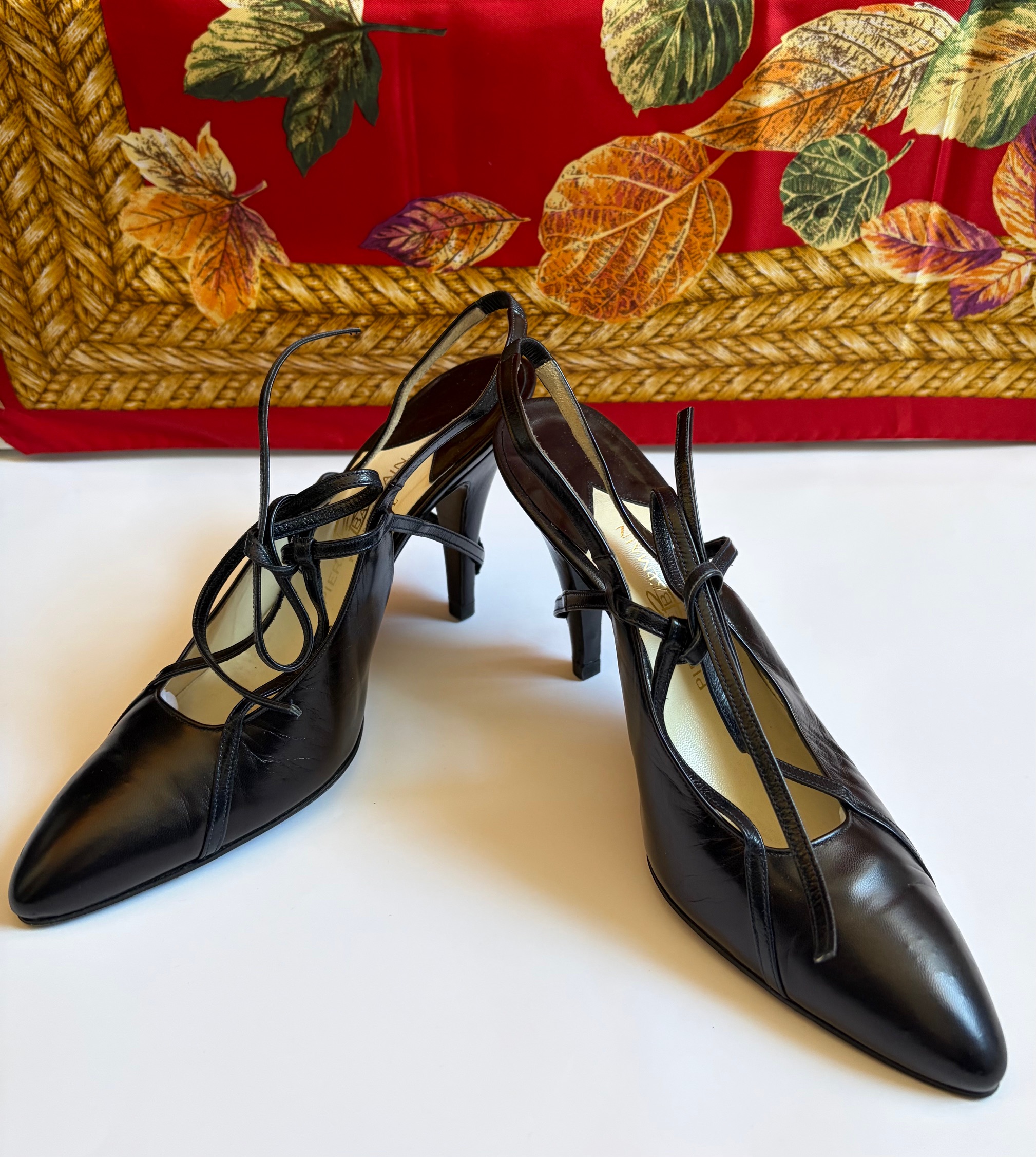 pierre balmain by harel haute couture black slingback heels lace kidskin shoes 1990