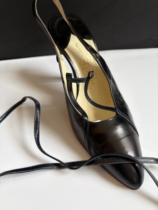 pierre balmain by harel haute couture black slingback heels wrap strap kidskin pumps c.1990 1991